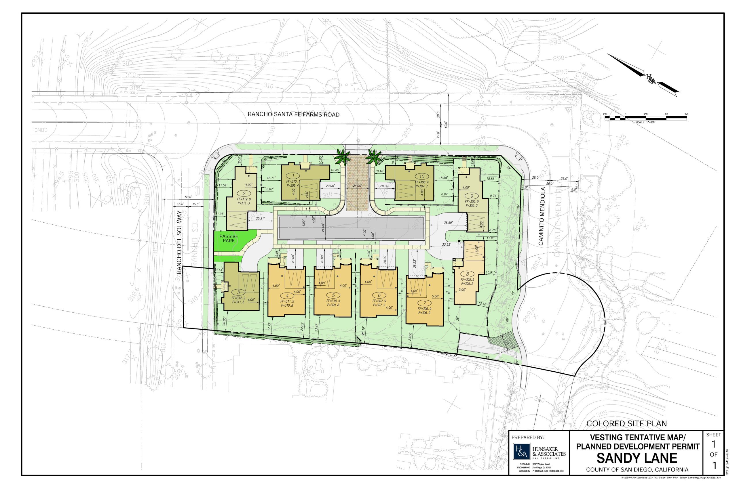 Sandy Lane Site Plan Colored A site plan map titled "Vesting Tentative Map Planning Development Permit" for Sandy Lane, showing layout of buildings, roads, and landscaping in San Diego, California.