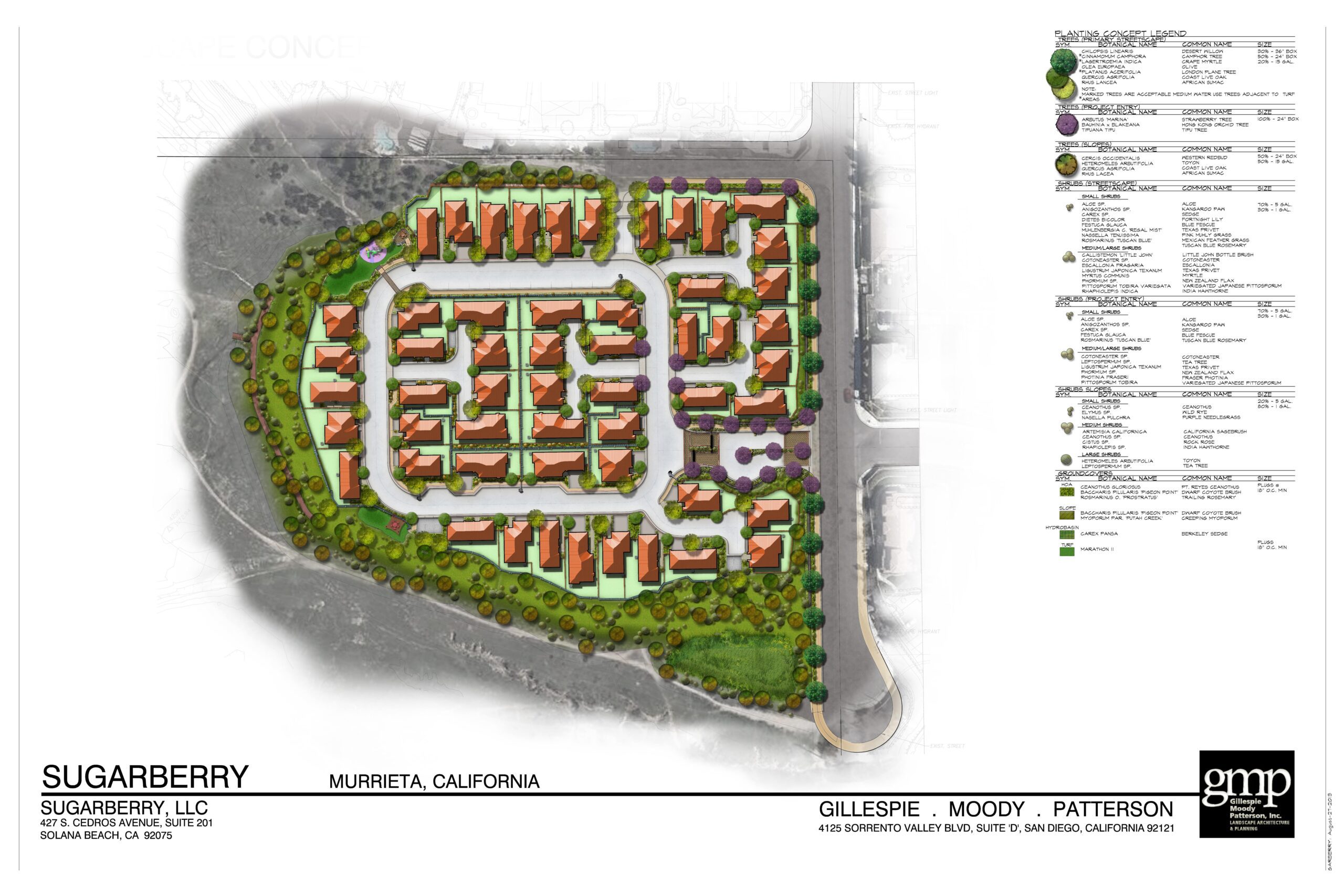 Sugarberry Landscape Plan (Colored) A detailed site plan of a residential development named Sugarberry in Murrieta, California, showing house layouts, roads, landscaped areas, and a legend with tree and plant species.
