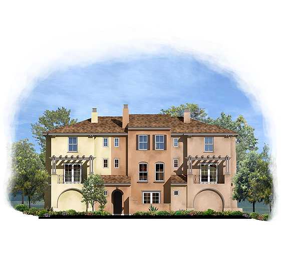 3PLEX-B-FRONT(LaCosta) Illustration of a two-story duplex with beige and peach exteriors, featuring balconies, windows, and arched entryways, set against a background of trees and a blue sky.
